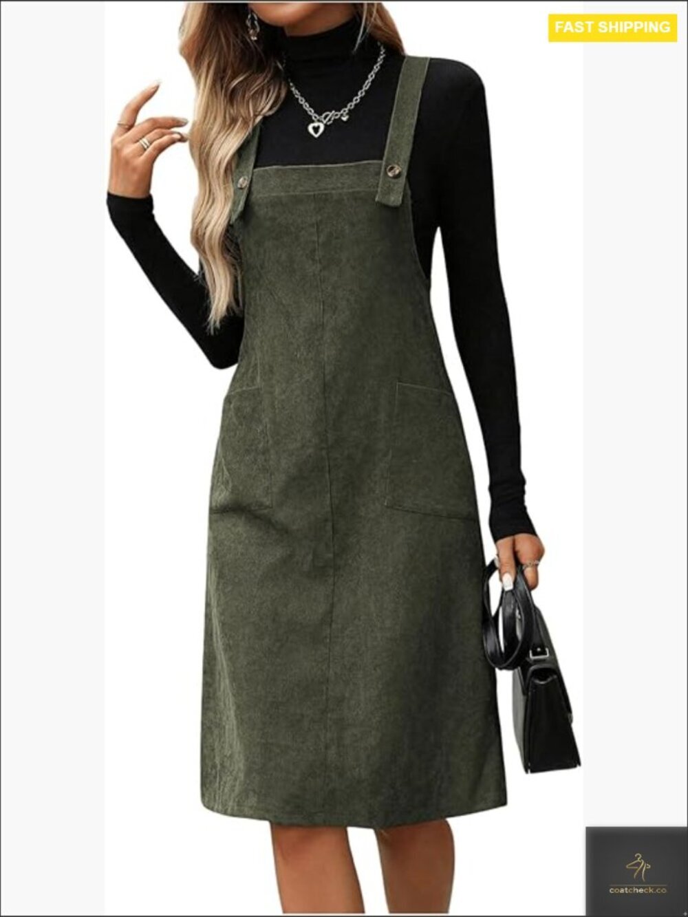 Corduroy Square Neck Sleeveless Dress Knee Length Pinafore with Pockets